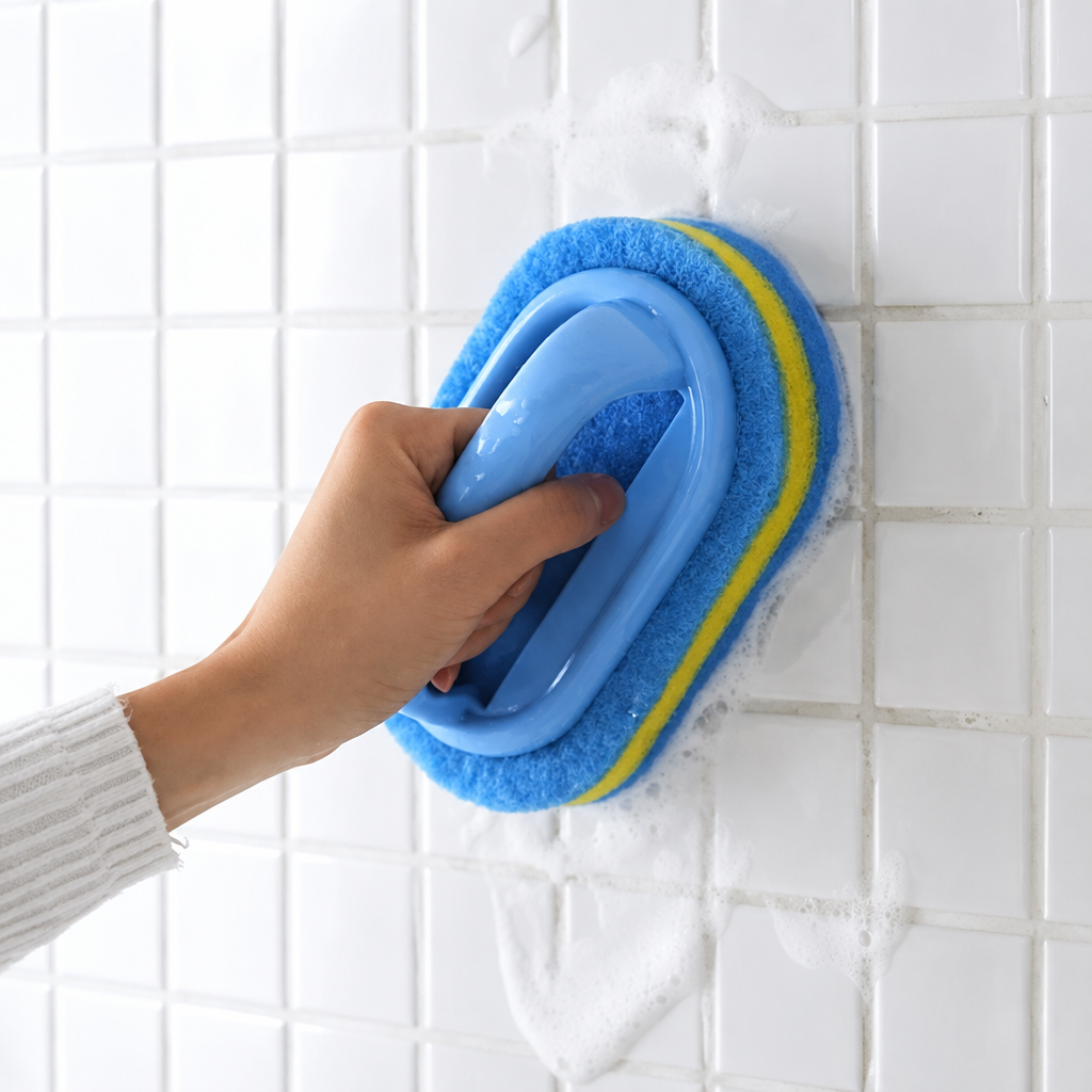 Brosse nettoyante salle de bain Éponge nettoyant un mur carrelé