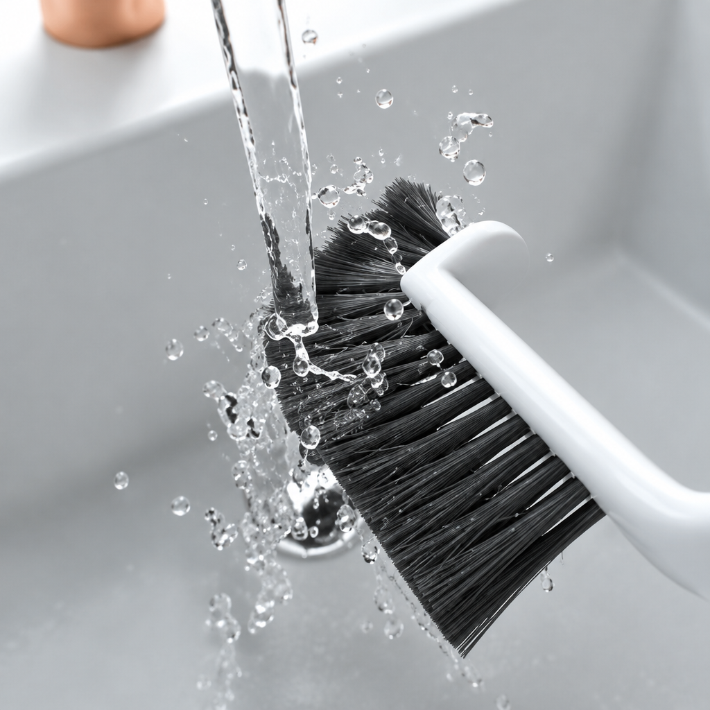 Brosse nettoyage Ergoclean rincée sous un filet d’eau
