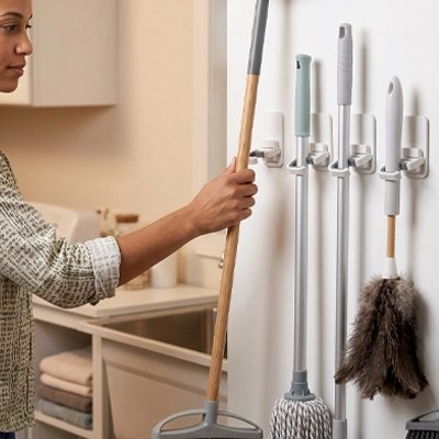 Femme utilisant porte balai mural Accrofix pour ranger accessoires nettoyage.
