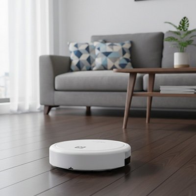 Aspirateur robot blanc pour nettoyage parquet