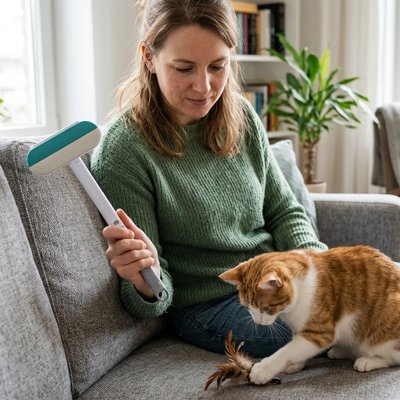 Brosse anti poil Net-poil sur canapé avec chat
