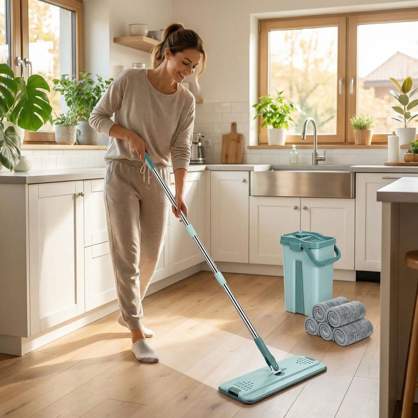 femme nettoie avec balai serpillère