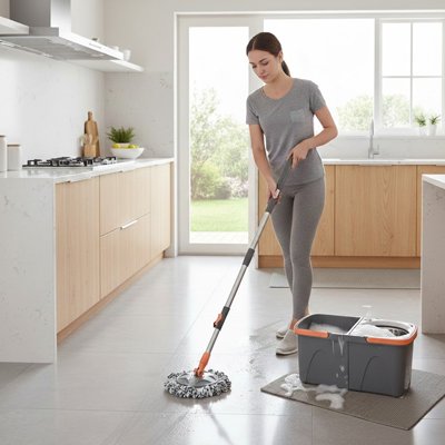 femme nettoie la cuisine avec serpillère 