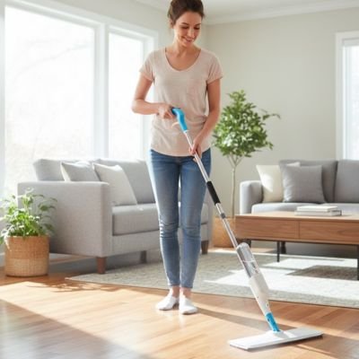 femme nettoie salon avec Serpillère microfibre Réutilisable 