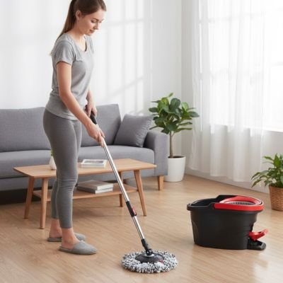 femme nettoie salon avec serpillère