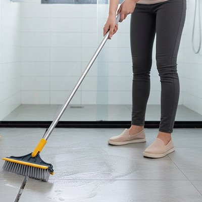 femme nettoie sol balai brosse