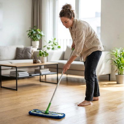 Femme nettoyant le sol du salon avec Serpilleres microfibres élastique