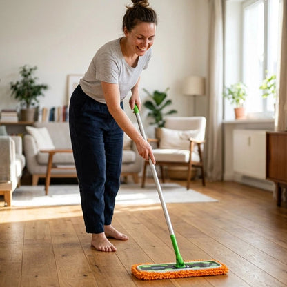 Femme nettoyant parquet avec Serpilleres élastique