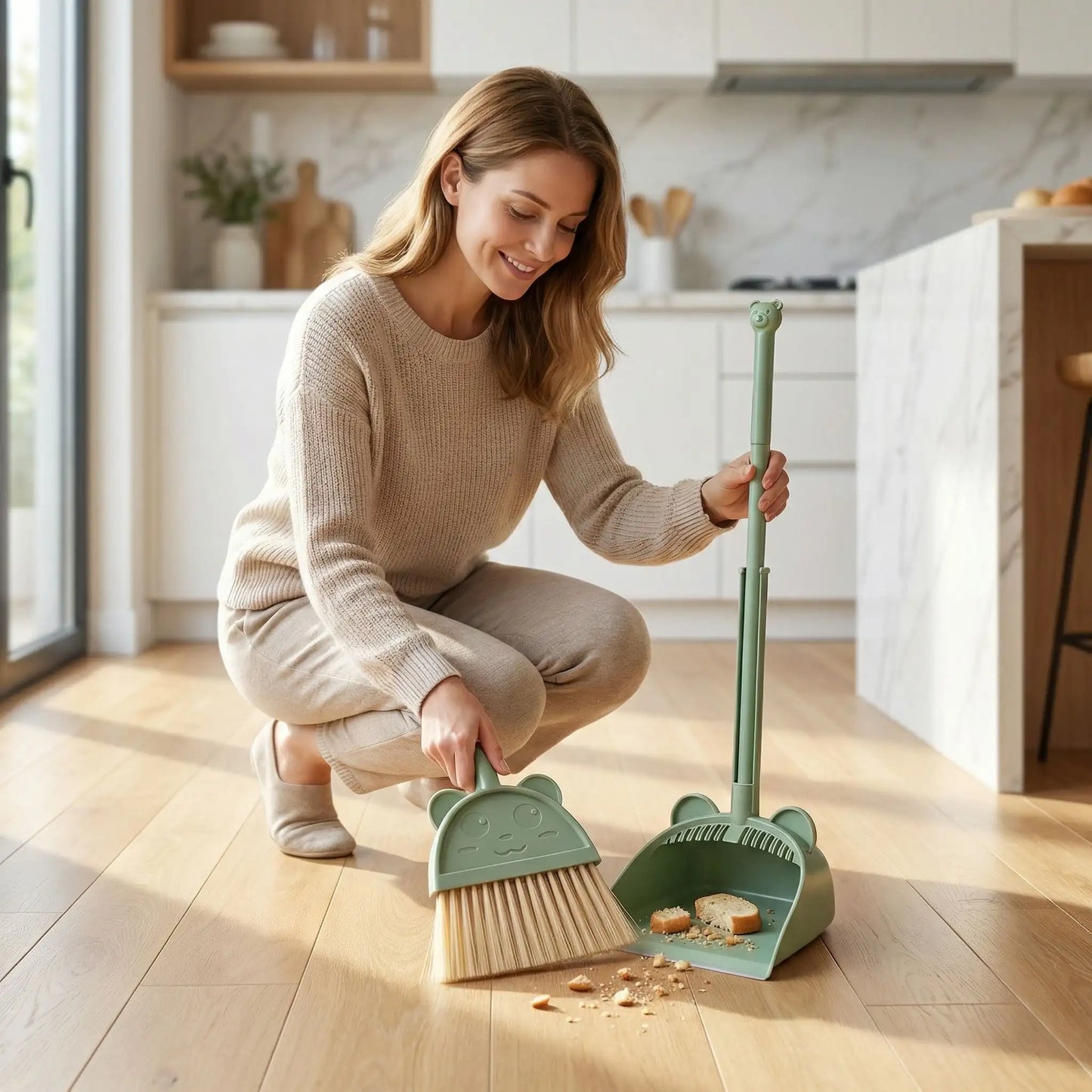 femme ramasse déchets avec Pelle balayette nettoyage enfant