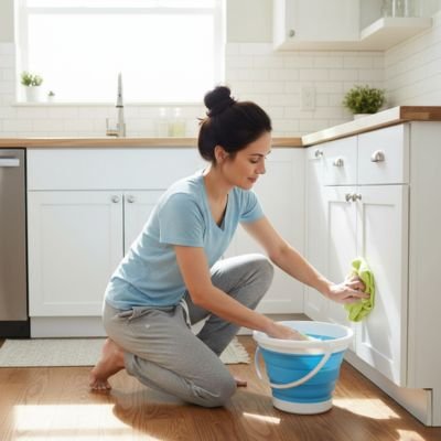femme utilise Seau pendant nettoyage cuisine