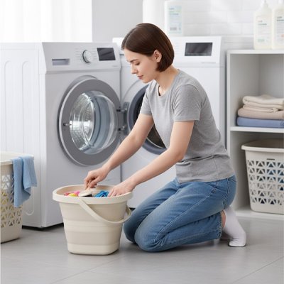 femme utilise Seau pliable pour ramasser vêtements 