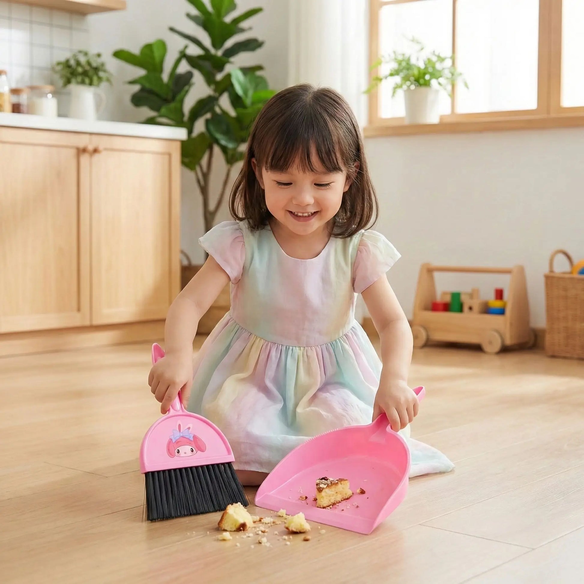 fille nettoie avec balayette et pelle