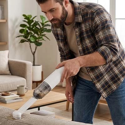 Homme utilisant Mini aspirateur Discret pour nettoyer canapé