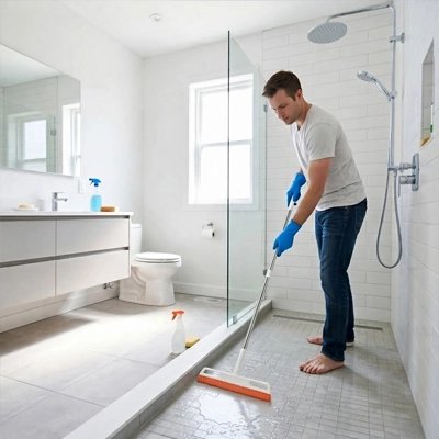 Homme utilisant Raclette pour sol Silicone sur sol de douche