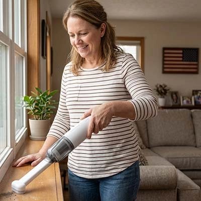 Mini aspirateur Discret nettoyant un rebord de fenêtre